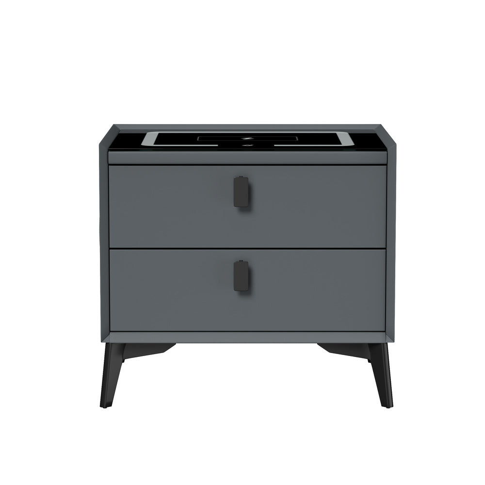 Oikiture Smart Bedside Table Wireless Charging LED 2 Drawers Grey