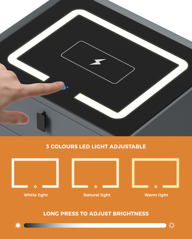 Oikiture Smart Bedside Table Wireless Charging LED 2 Drawers Grey