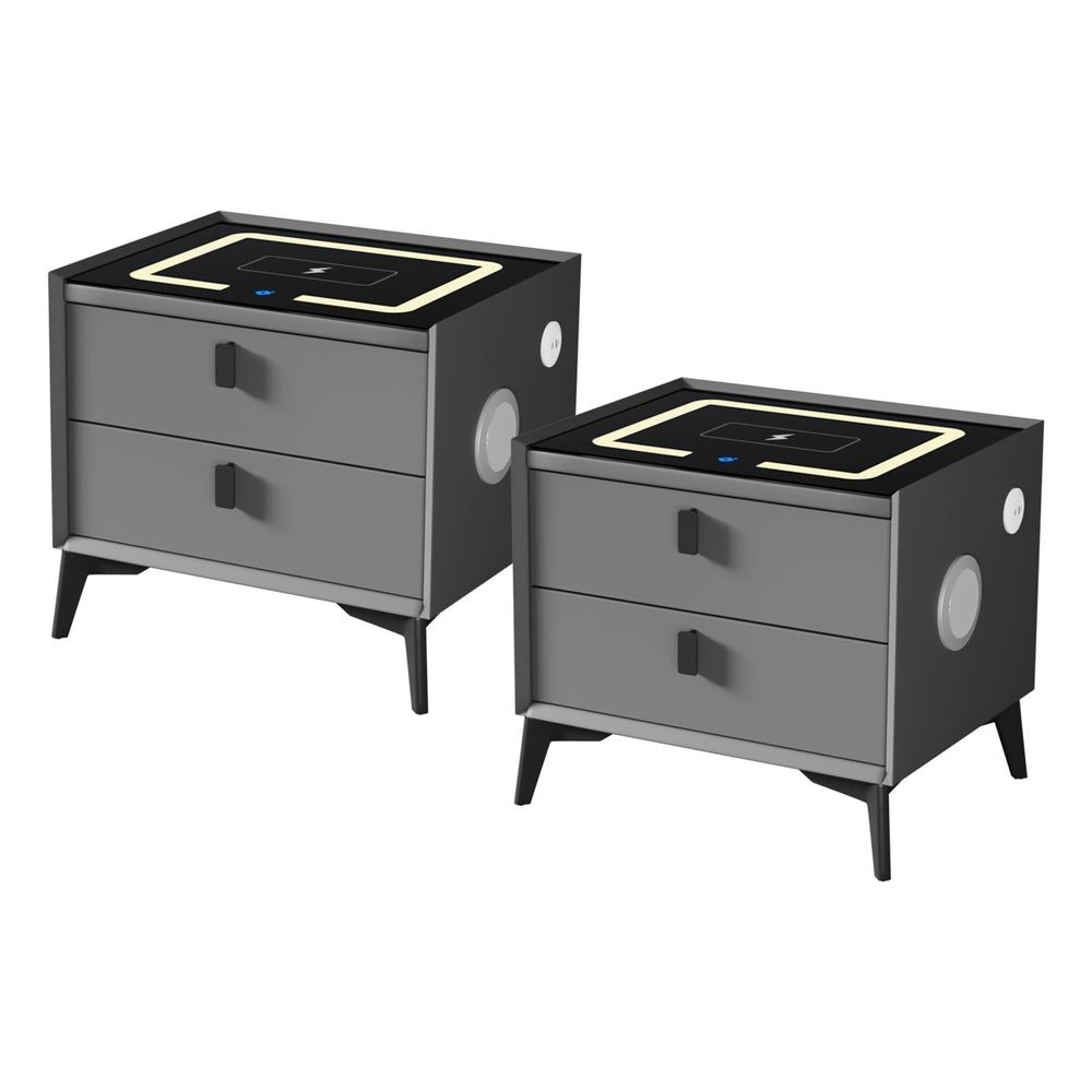 Oikiture 2x Smart Bedside Tables Wireless Charging LED Nightstand Grey