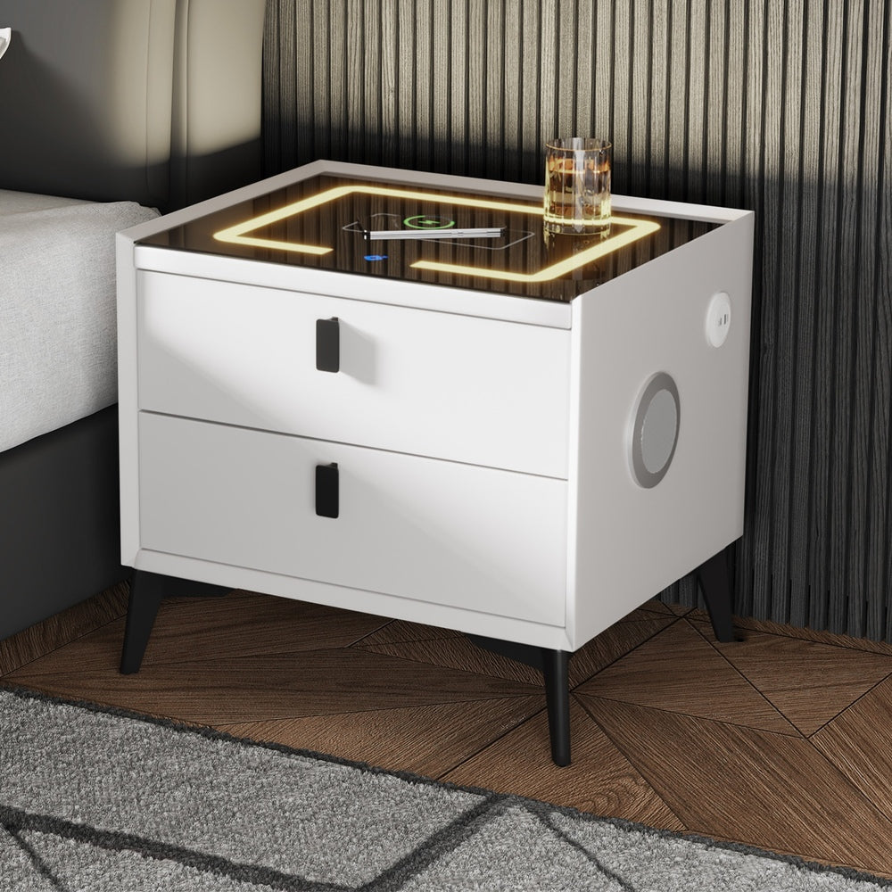 Oikiture Smart Bedside Table LED Wireless Charging 2 Drawers White