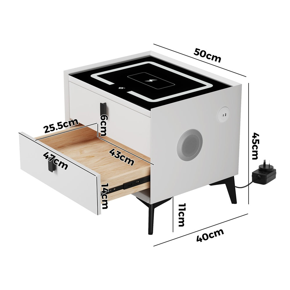 Oikiture Smart Bedside Table LED Wireless Charging 2 Drawers White