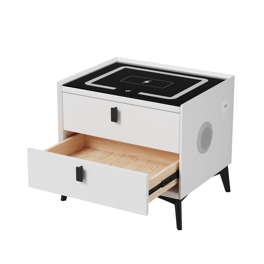 Oikiture Smart Bedside Table LED Wireless Charging 2 Drawers White