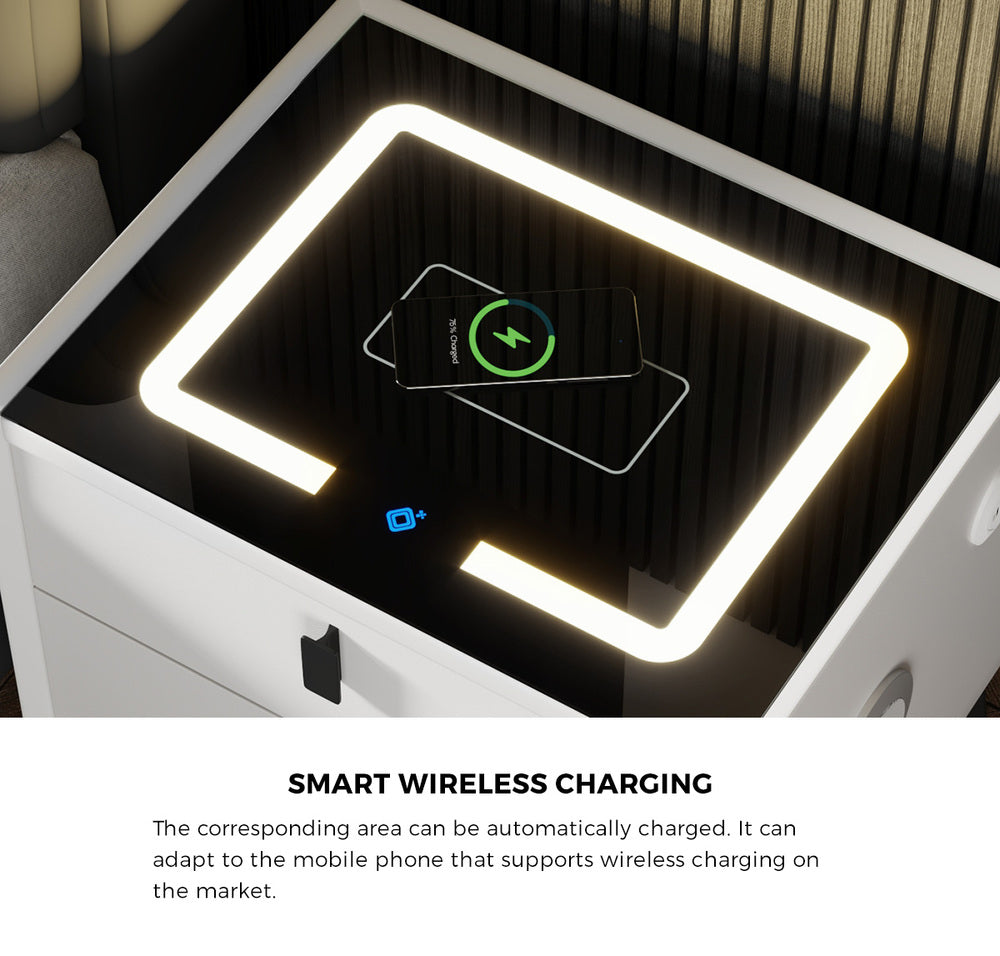 Oikiture Smart Bedside Table LED Wireless Charging 2 Drawers White