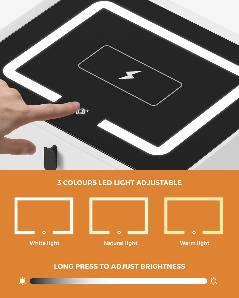 Oikiture 2x Smart Bedside Tables LED Wireless Charging Nightstand White