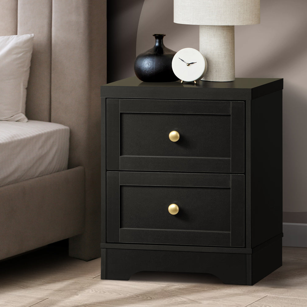 Oikiture Bedside Table with Alloy Handles 2 Drawers Black