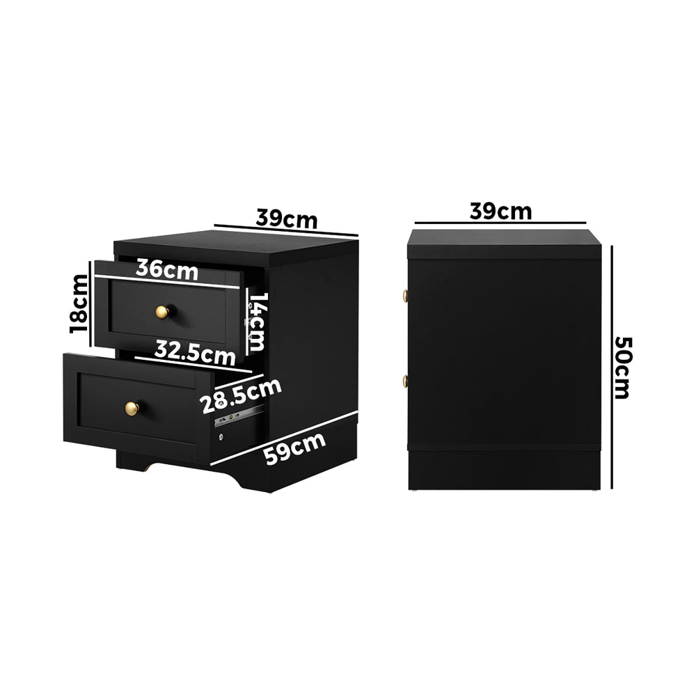 Oikiture Bedside Table with Alloy Handles 2 Drawers Black