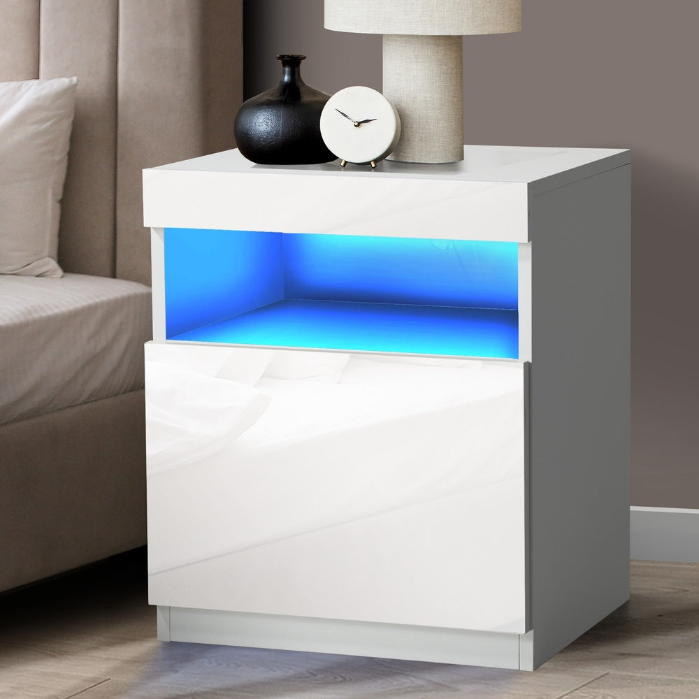 Oikiture Bedside Table LED Shelf High-gloss Front White