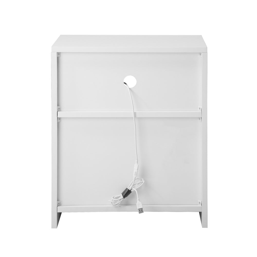 Oikiture Bedside Table LED Shelf High-gloss Front White