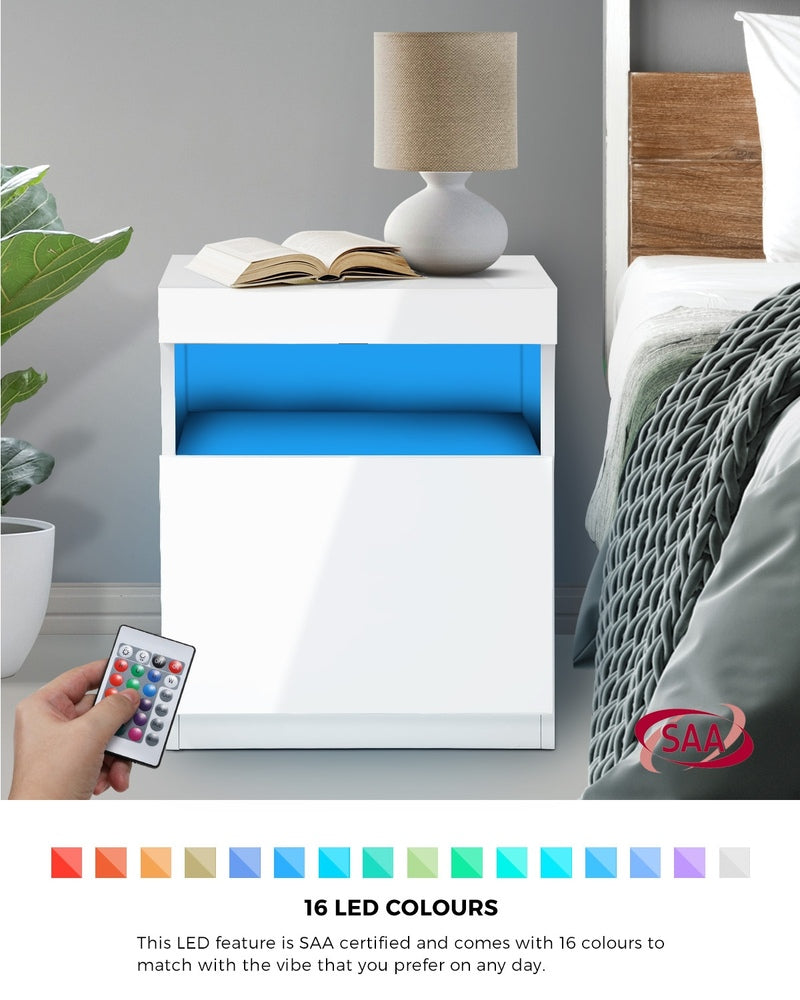 Oikiture Bedside Table LED Shelf High-gloss Front White