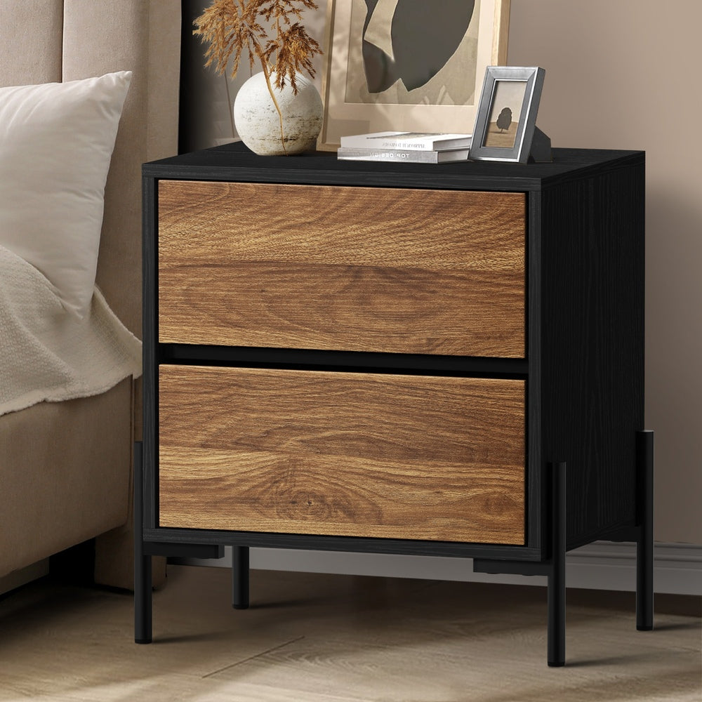 Oikiture Bedside Table 2 Drawers Side End Nightstand Walnut
