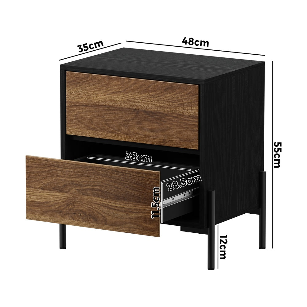 Oikiture Bedside Table 2 Drawers Side End Nightstand Walnut