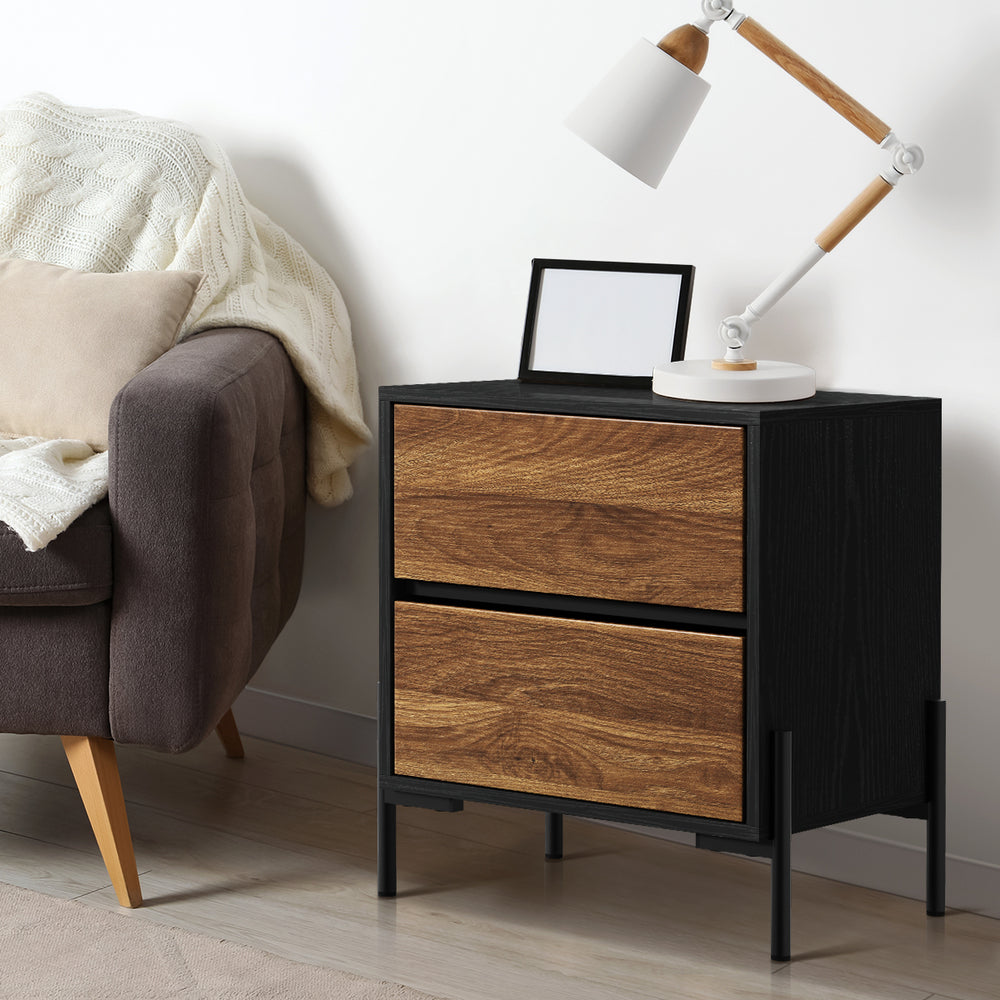 Oikiture Bedside Table 2 Drawers Side End Nightstand Walnut