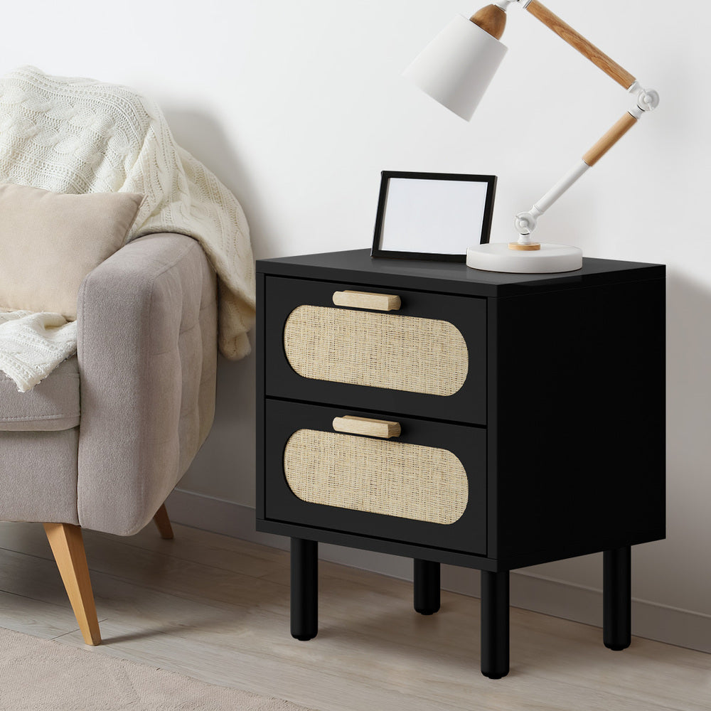 Oikiture Bedside Table 2 Drawers Rattan Black