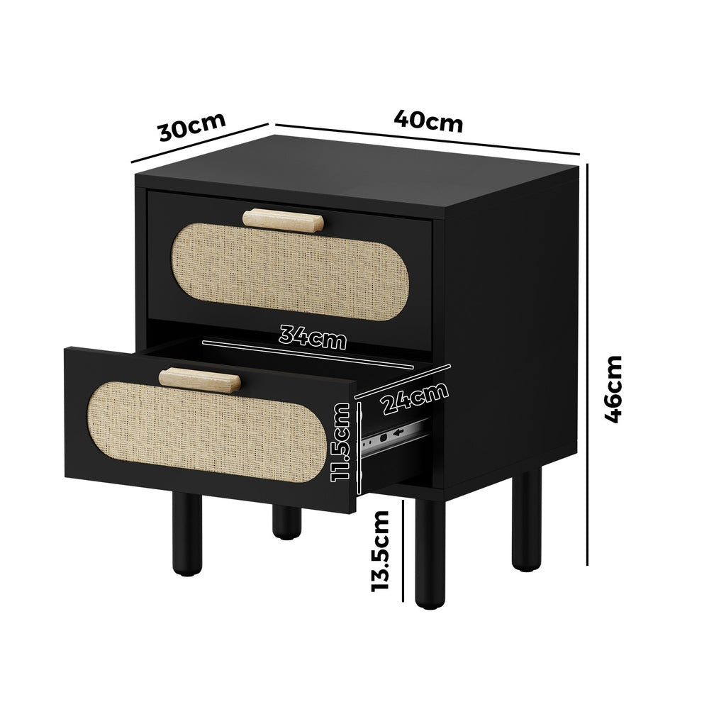 Oikiture 2x Bedside Table 2 Drawers Rattan Black