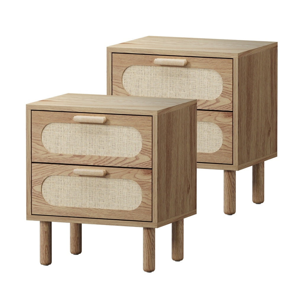 Oikiture 2x Bedside Table 2 Drawers Rattan Natural