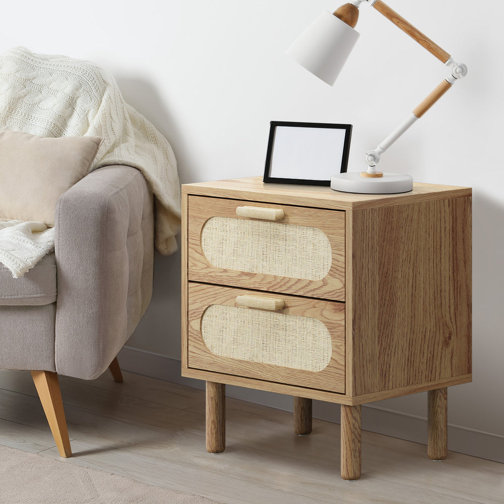 Oikiture 2x Bedside Table 2 Drawers Rattan Natural