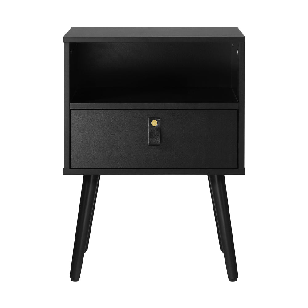 Oikiture 2X Bedside Tables with Leather Handle Black