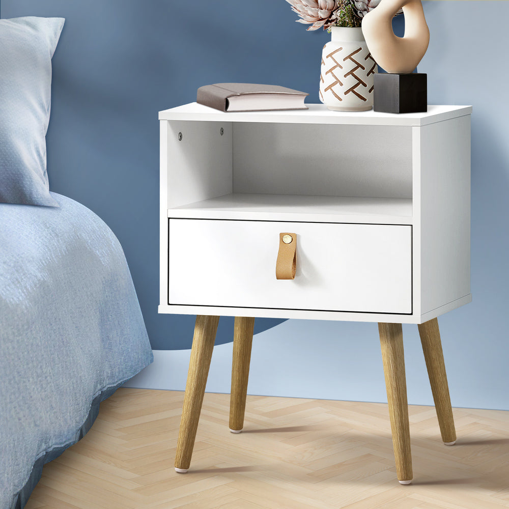 Oikiture Bedside Tables with Leather Handle White