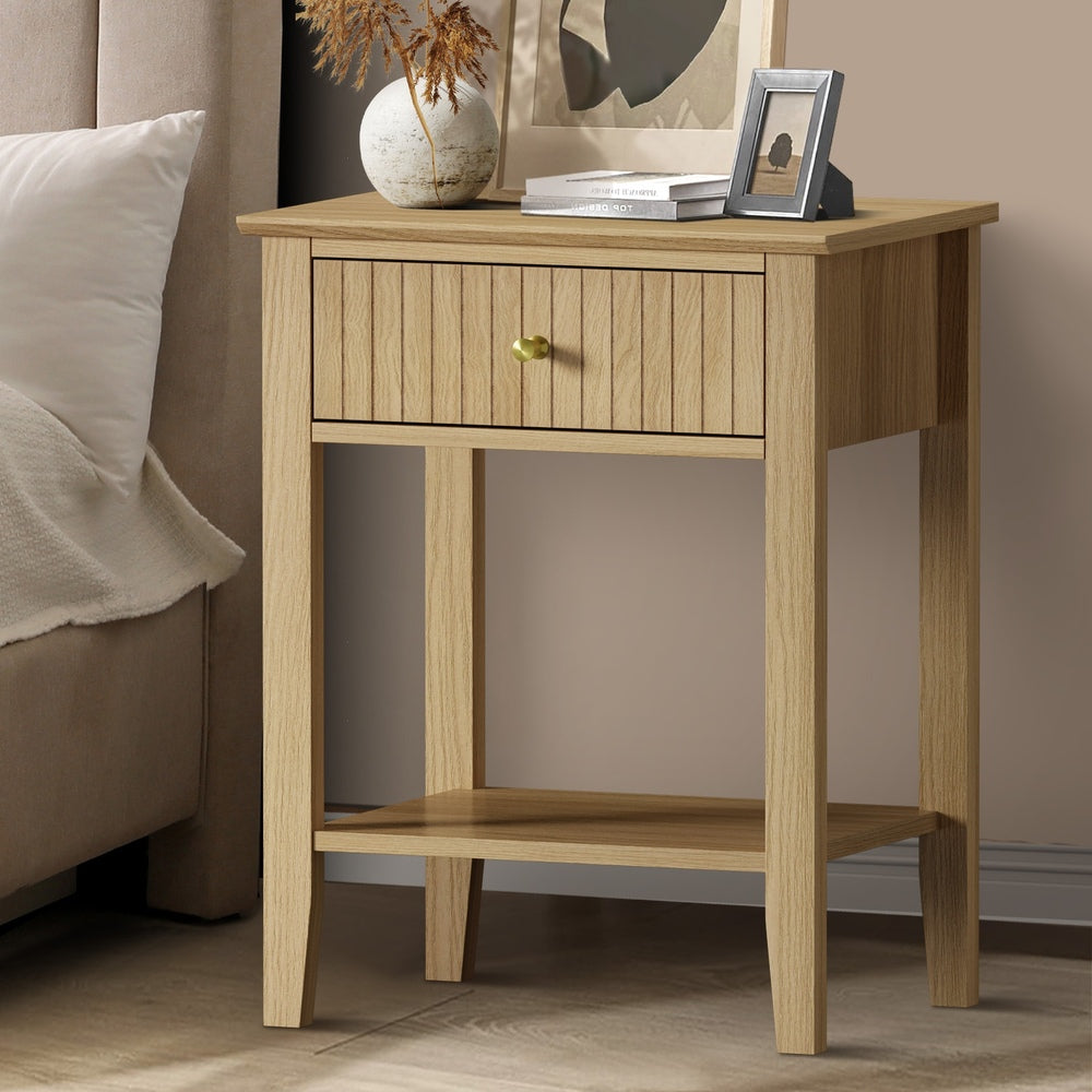 Oikiture Bedside Table with 1 Drawer Open Shelf Nightstand Natural