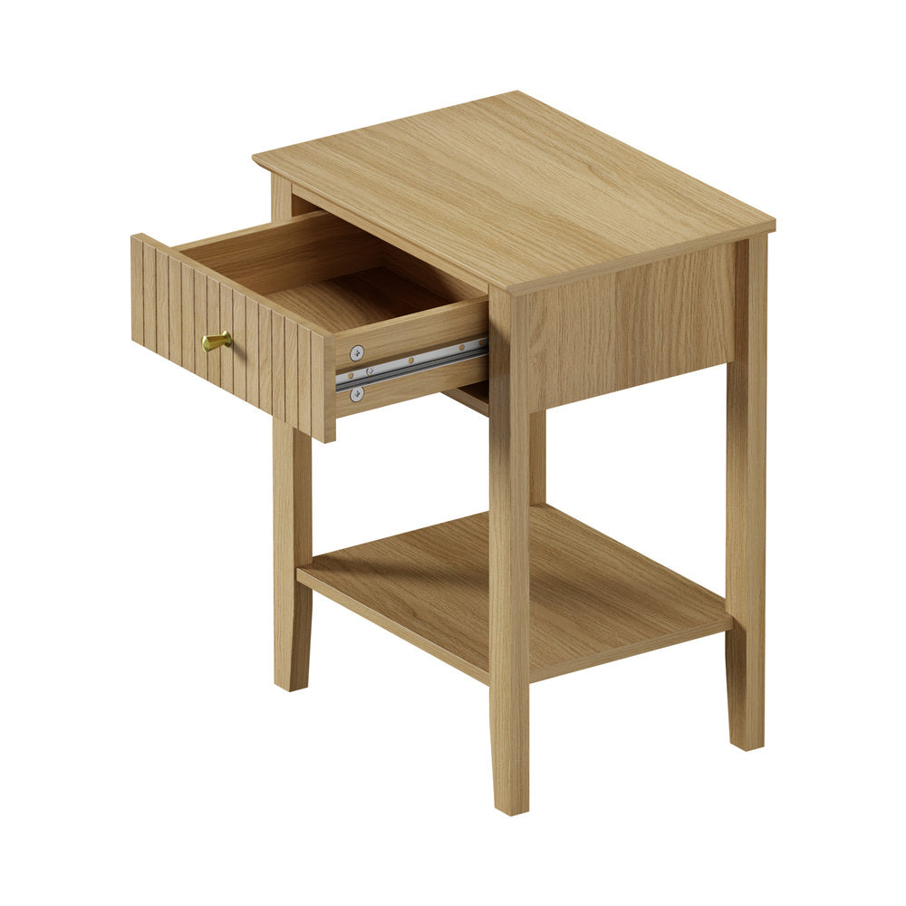 Oikiture Bedside Table with 1 Drawer Open Shelf Nightstand Natural