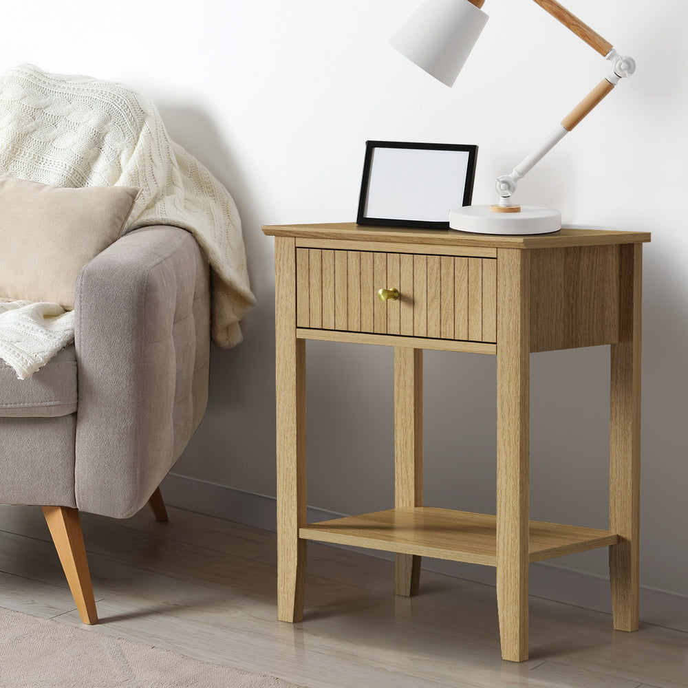 Oikiture Bedside Table with 1 Drawer Open Shelf Nightstand Natural