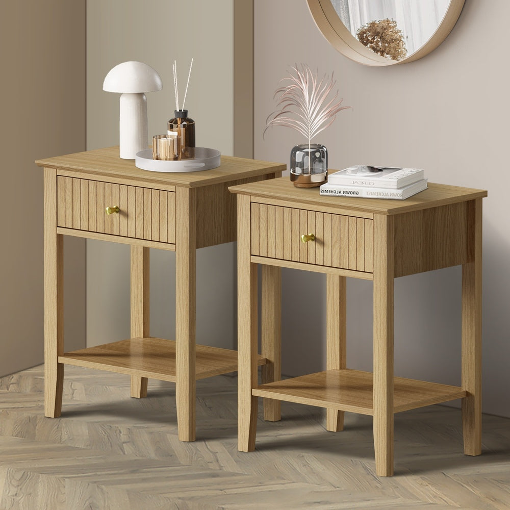 Oikiture 2x Bedside Table 1 Drawer Open Shelf Nightstand Natural