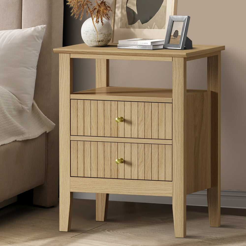 Oikiture Bedside Table 2 Drawers Open Shelf Nightstand Natural