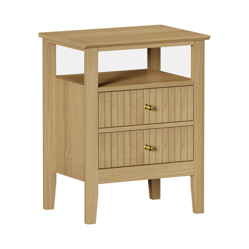 Oikiture Bedside Table 2 Drawers Open Shelf Nightstand Natural