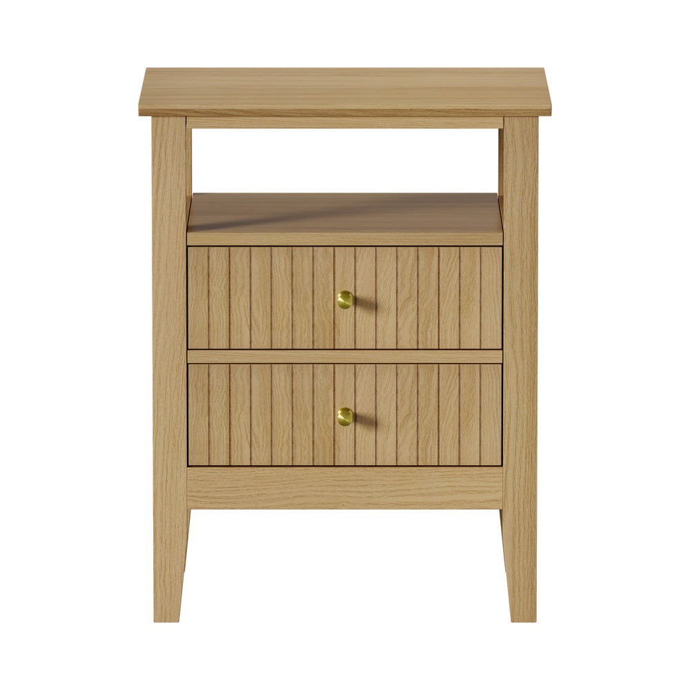 Oikiture Bedside Table 2 Drawers Open Shelf Nightstand Natural