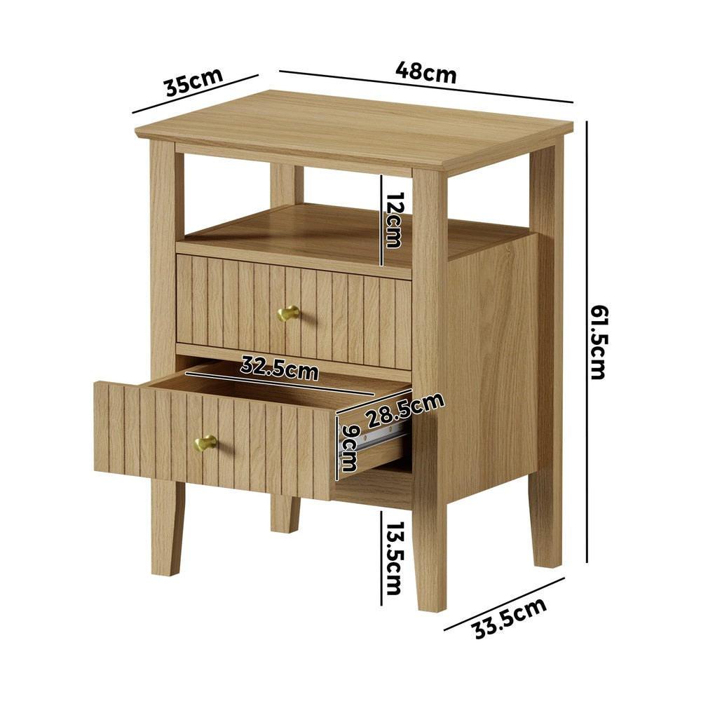 Oikiture Bedside Table 2 Drawers Open Shelf Nightstand Natural