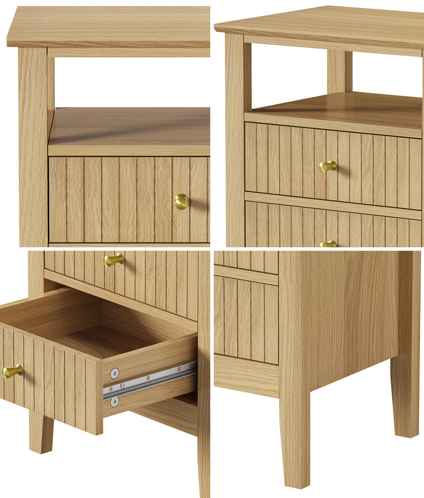 Oikiture Bedside Table 2 Drawers Open Shelf Nightstand Natural