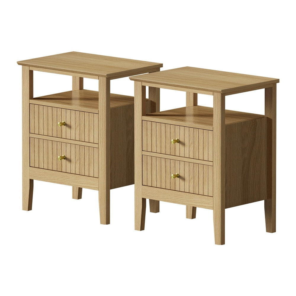 Oikiture 2x Bedside Table 2 Drawers Open Shelf Nightstand Natural