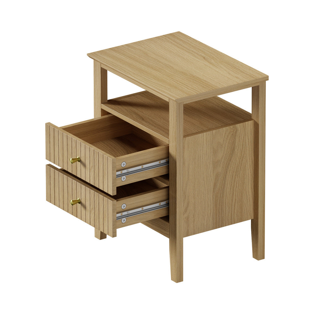 Oikiture 2x Bedside Table 2 Drawers Open Shelf Nightstand Natural