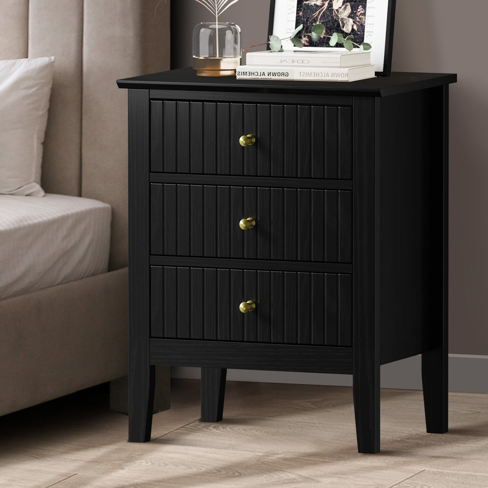 Oikiture Bedside Table 3 Drawers Side End Nightstand Black