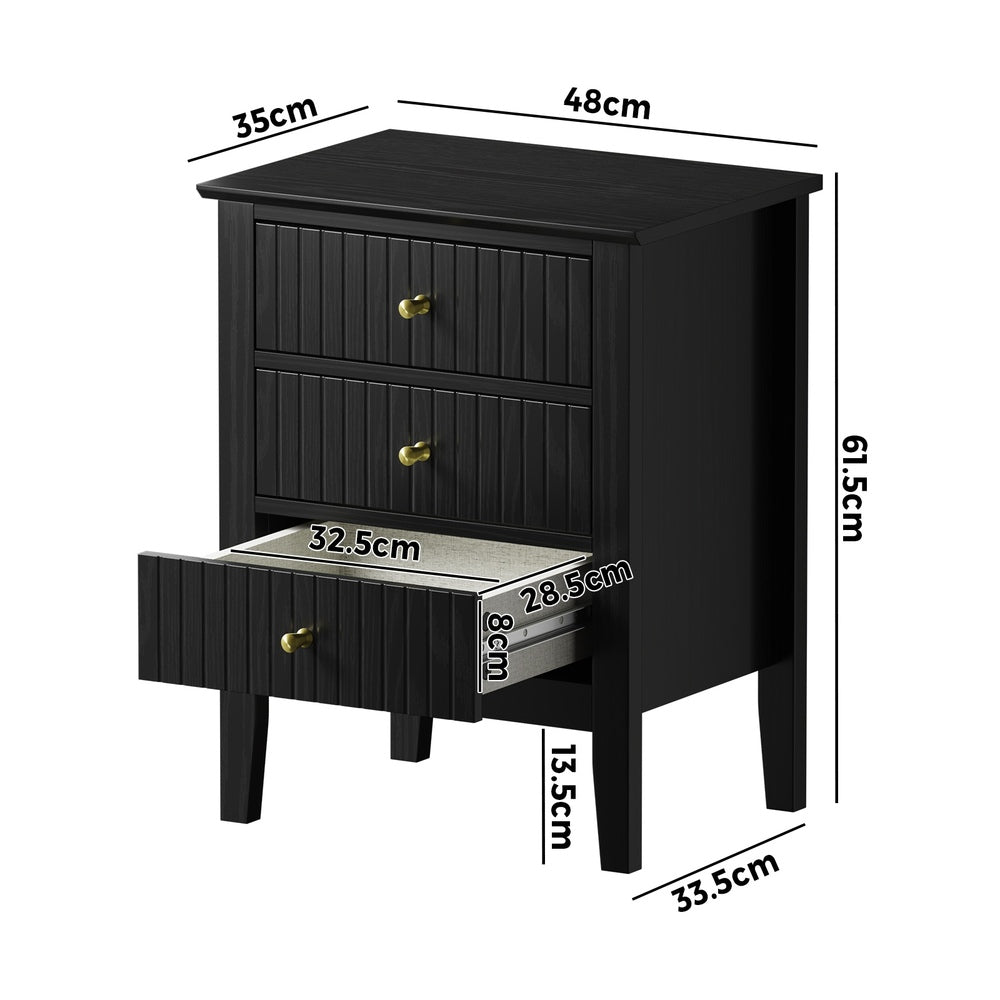 Oikiture Bedside Table 3 Drawers Side End Nightstand Black
