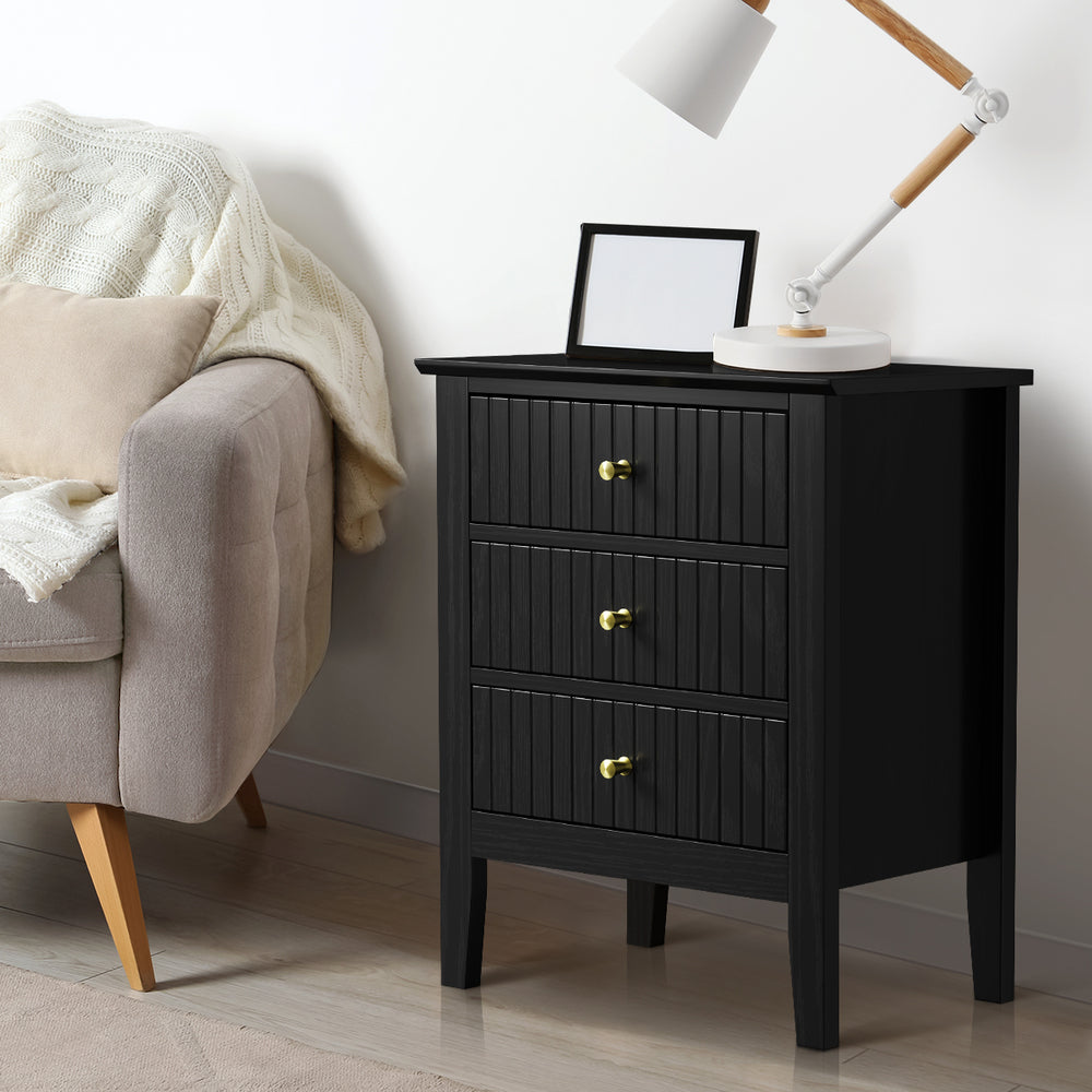 Oikiture Bedside Table 3 Drawers Side End Nightstand Black
