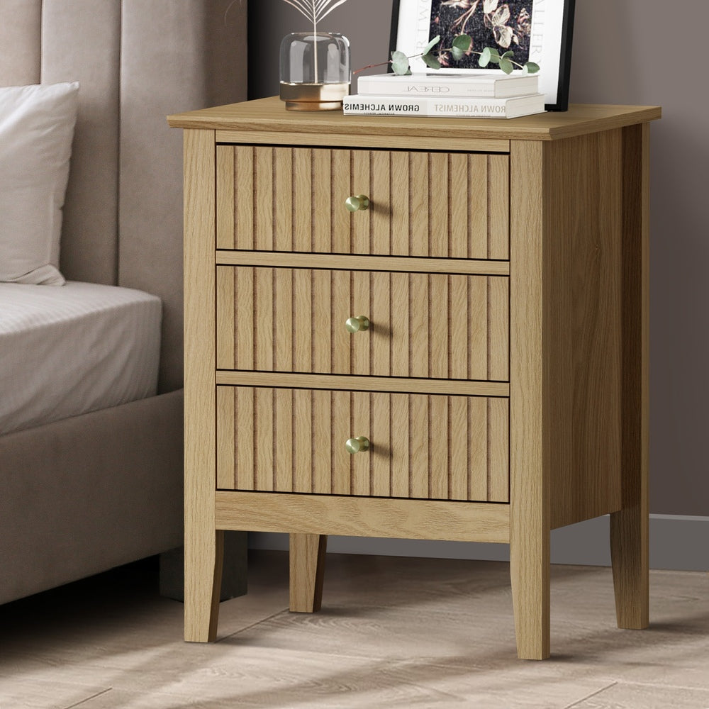 Oikiture Bedside Table 3 Drawers Side End Nightstand Natural