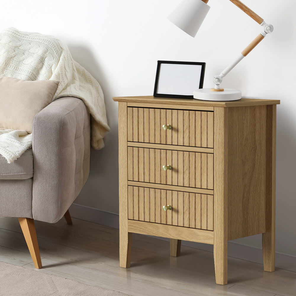 Oikiture Bedside Table 3 Drawers Side End Nightstand Natural