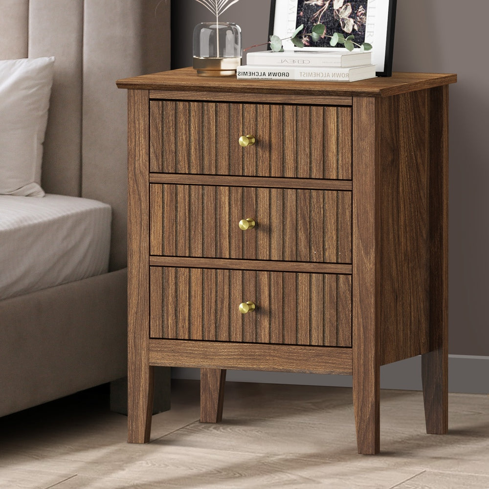 Oikiture Bedside Table 3 Drawers Side End Nightstand Walnut