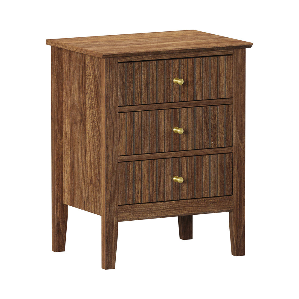 Oikiture Bedside Table 3 Drawers Side End Nightstand Walnut