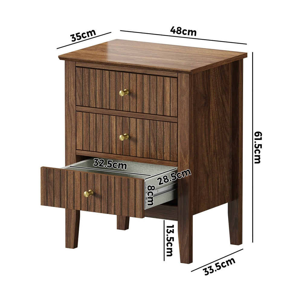 Oikiture Bedside Table 3 Drawers Side End Nightstand Walnut