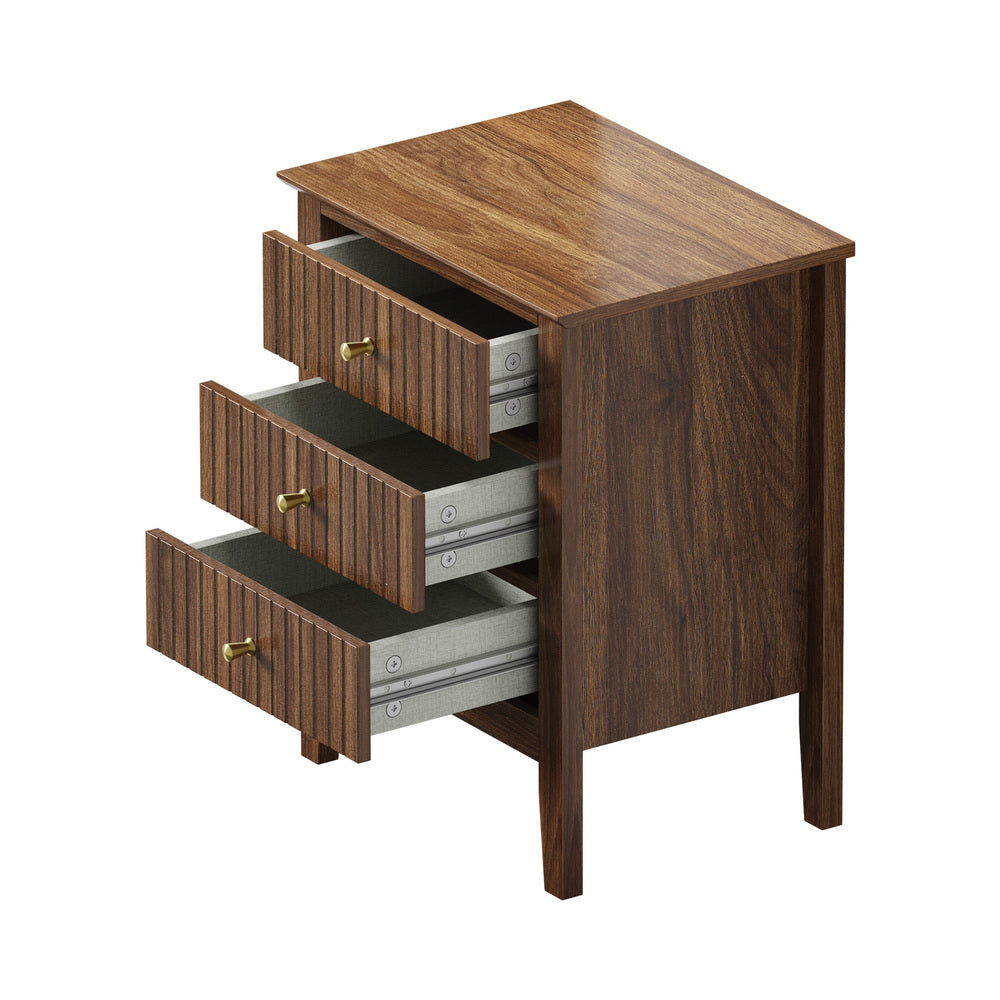 Oikiture Bedside Table 3 Drawers Side End Nightstand Walnut