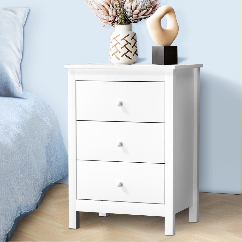 Oikiture Bedside Table 3 Drawers Hamptons Furniture White