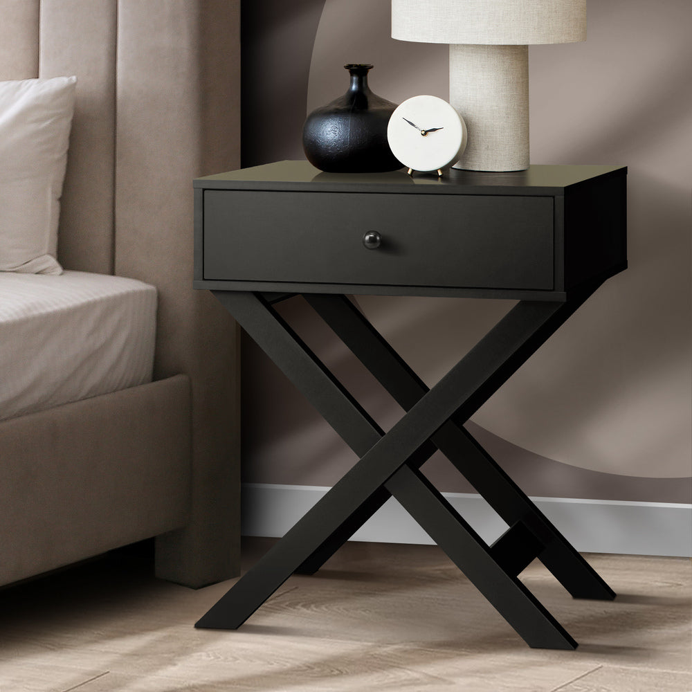 Oikiture Bedside Table Wooden Frame Cross Base Black