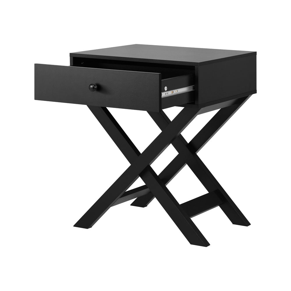 Oikiture Bedside Table Wooden Frame Cross Base Black