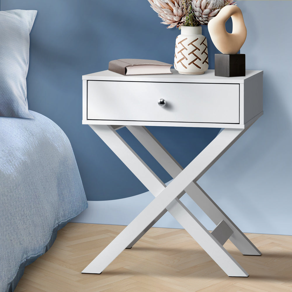 Oikiture Bedside Table Wooden Frame Cross Base White