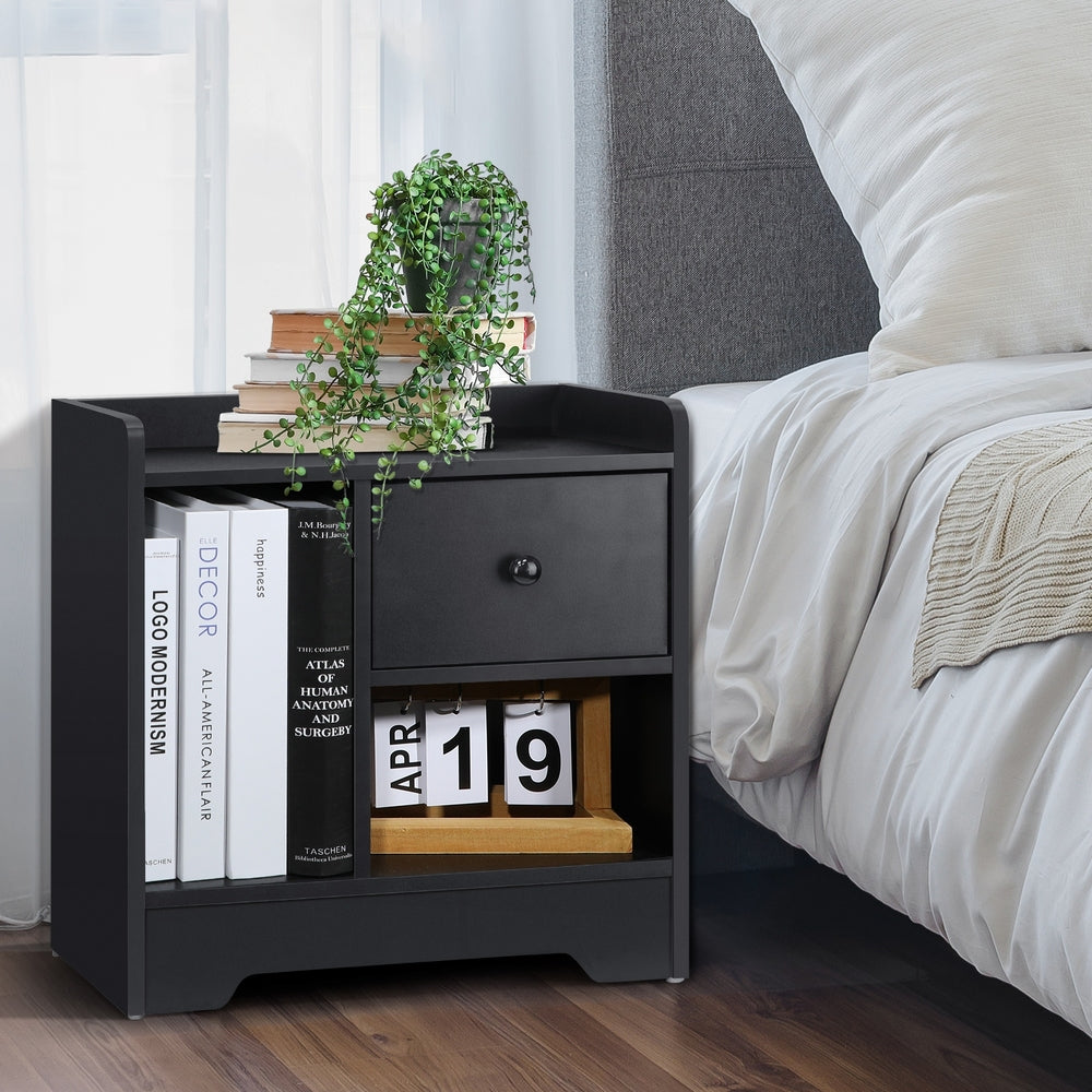 Oikiture Bedside Table with Drawer & Storage Space Black