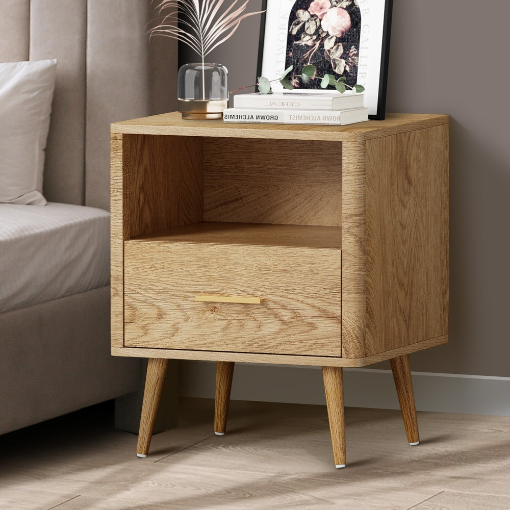 Oikiture Bedside Table 1 Drawer Open Shelf Nightstand Natural