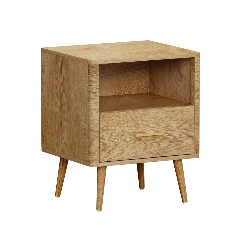 Oikiture Bedside Table 1 Drawer Open Shelf Nightstand Natural