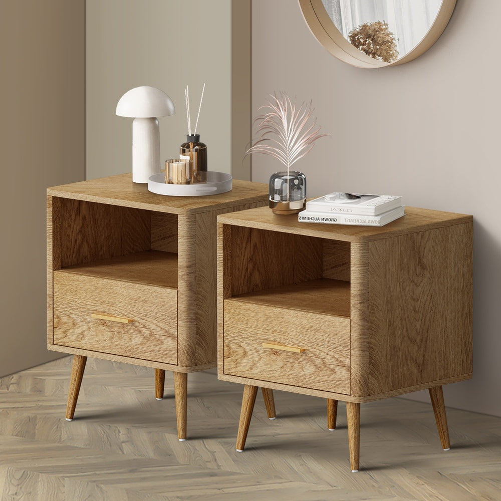 Oikiture 2x Bedside Table 1 Drawer Open Shelf Nightstand Natural